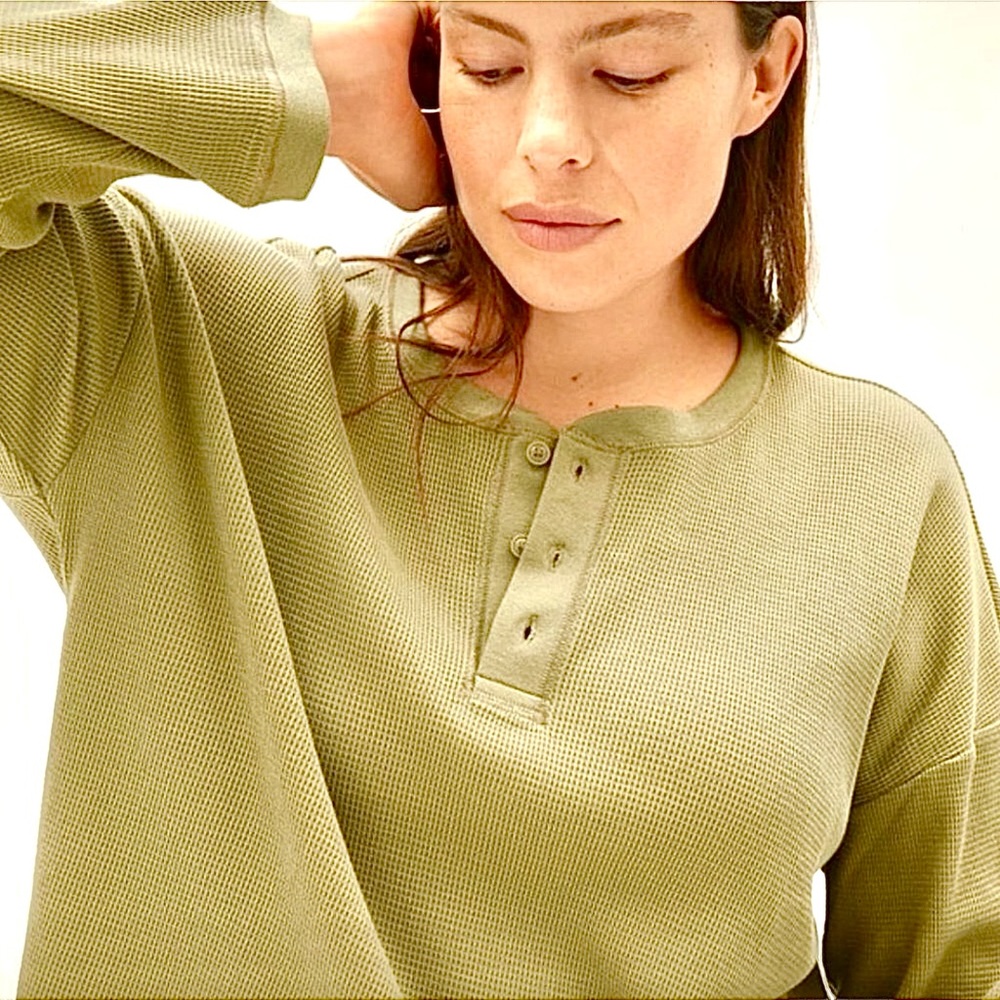 Everlane Henley Shirt Organic Cotton Waffle Knit Thermal Crop Top Army Green S